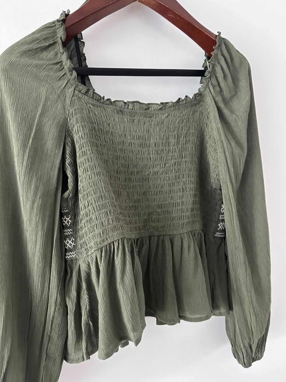 Francesca's Collections Olive Peasant Blouse with Smocked Waist - Picture 10 of 10